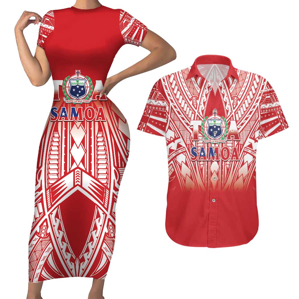 Toa Samoa Rugby Custom Couples Matching Short Sleeve Bodycon Dress and Hawaiian Shirt Samoa mo Samoa Polynesian Pacific Red - Polynesian Pride