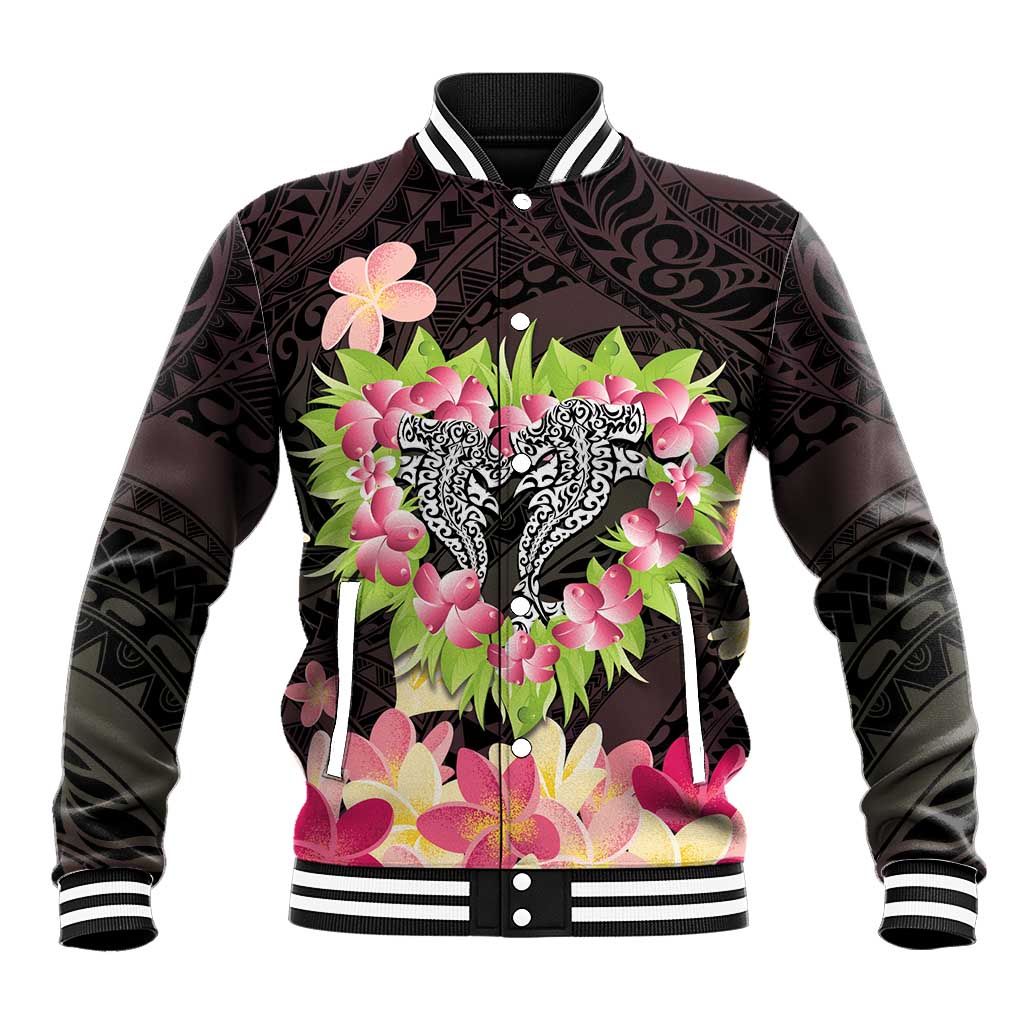 Polynesia Valentine's Day Baseball Jacket Hammerhead Shark Plumeria With Polynesian Pattern LT14 Unisex Black - Polynesian Pride