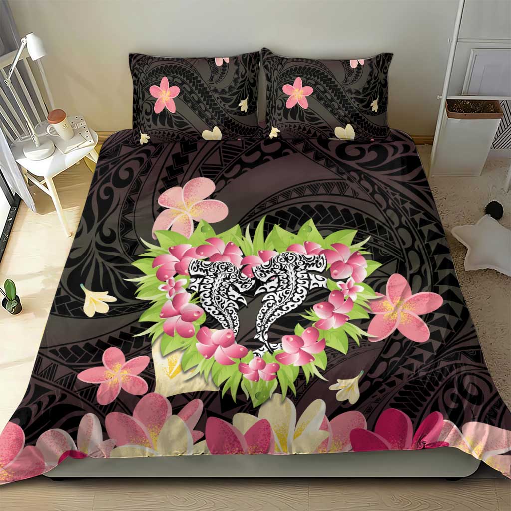 Polynesia Valentine's Day Bedding Set Hammerhead Shark Plumeria With Polynesian Pattern