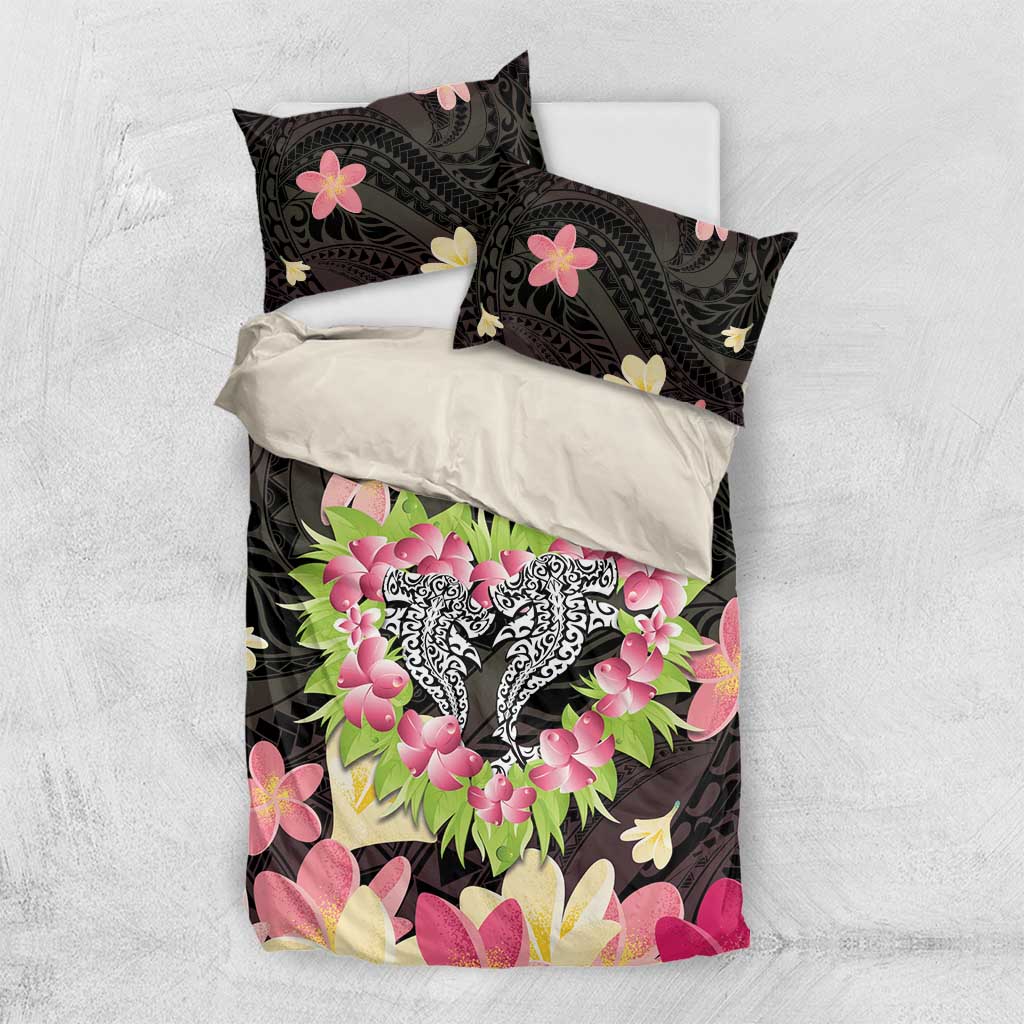Polynesia Valentine's Day Bedding Set Hammerhead Shark Plumeria With Polynesian Pattern