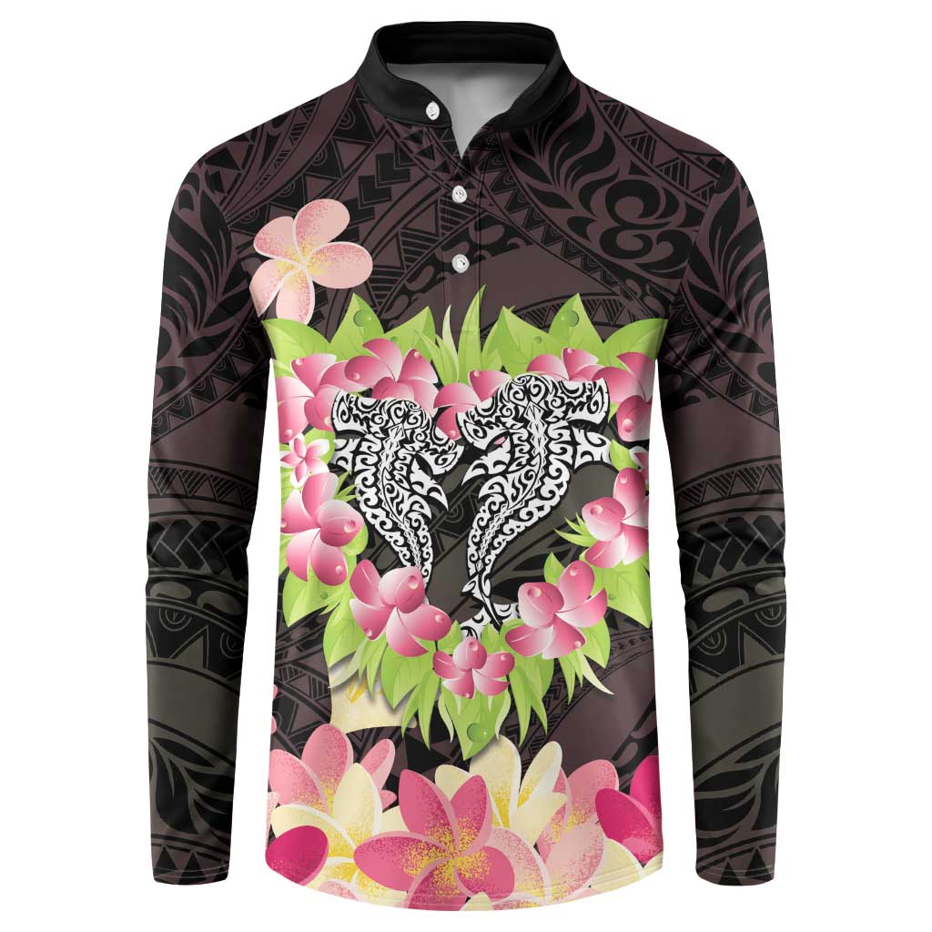 Polynesia Valentine's Day Button Sweatshirt Hammerhead Shark Plumeria With Polynesian Pattern LT14 Black - Polynesian Pride