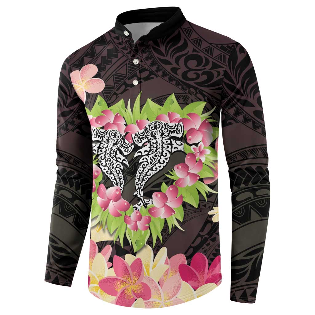 Polynesia Valentine's Day Button Sweatshirt Hammerhead Shark Plumeria With Polynesian Pattern LT14 - Polynesian Pride