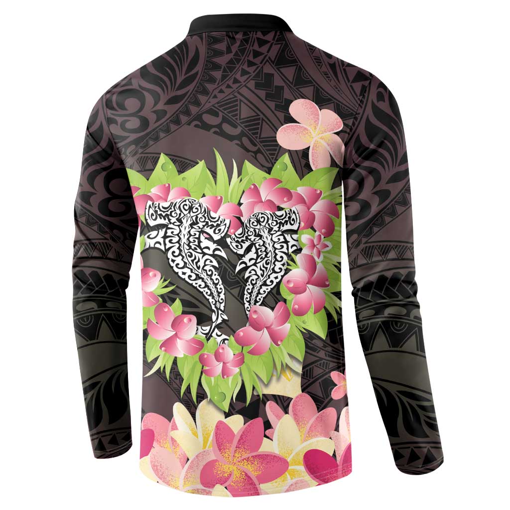 Polynesia Valentine's Day Button Sweatshirt Hammerhead Shark Plumeria With Polynesian Pattern LT14 - Polynesian Pride