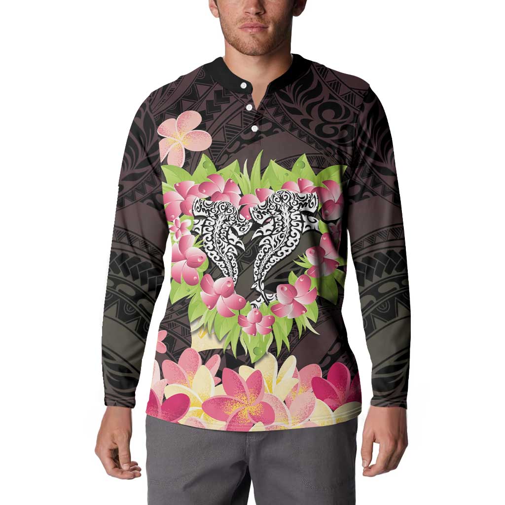 Polynesia Valentine's Day Button Sweatshirt Hammerhead Shark Plumeria With Polynesian Pattern LT14 - Polynesian Pride