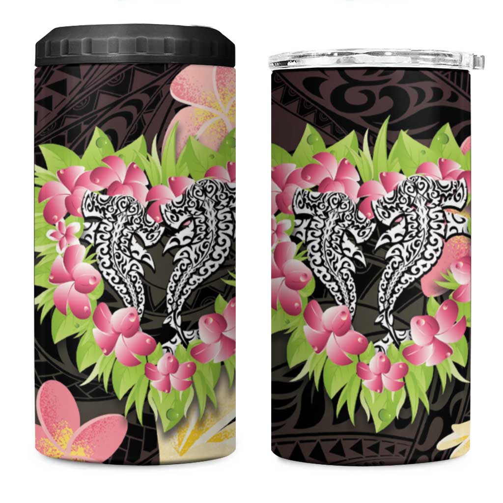 Polynesia Valentine's Day 4 in 1 Can Cooler Tumbler Hammerhead Shark Plumeria With Polynesian Pattern LT14 One Size: 16 oz Black - Polynesian Pride