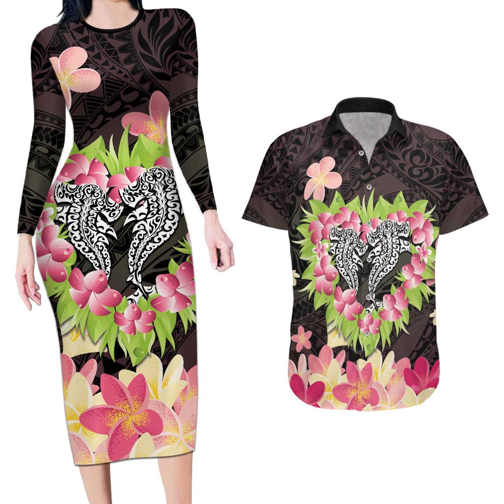 Polynesia Valentine's Day Couples Matching Long Sleeve Bodycon Dress and Hawaiian Shirt Hammerhead Shark Plumeria With Polynesian Pattern