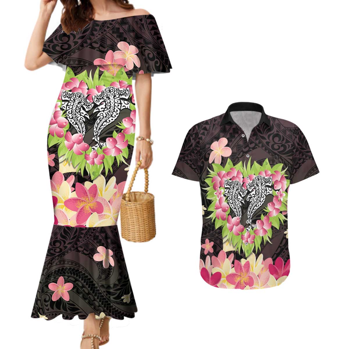 Polynesia Valentine's Day Couples Matching Mermaid Dress and Hawaiian Shirt Hammerhead Shark Plumeria With Polynesian Pattern LT14 Black - Polynesian Pride