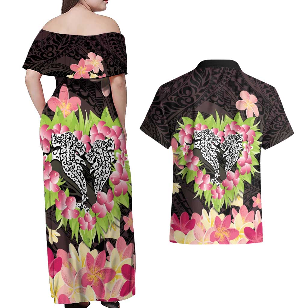 Polynesia Valentine's Day Couples Matching Off Shoulder Maxi Dress and Hawaiian Shirt Hammerhead Shark Plumeria With Polynesian Pattern LT14 - Polynesian Pride