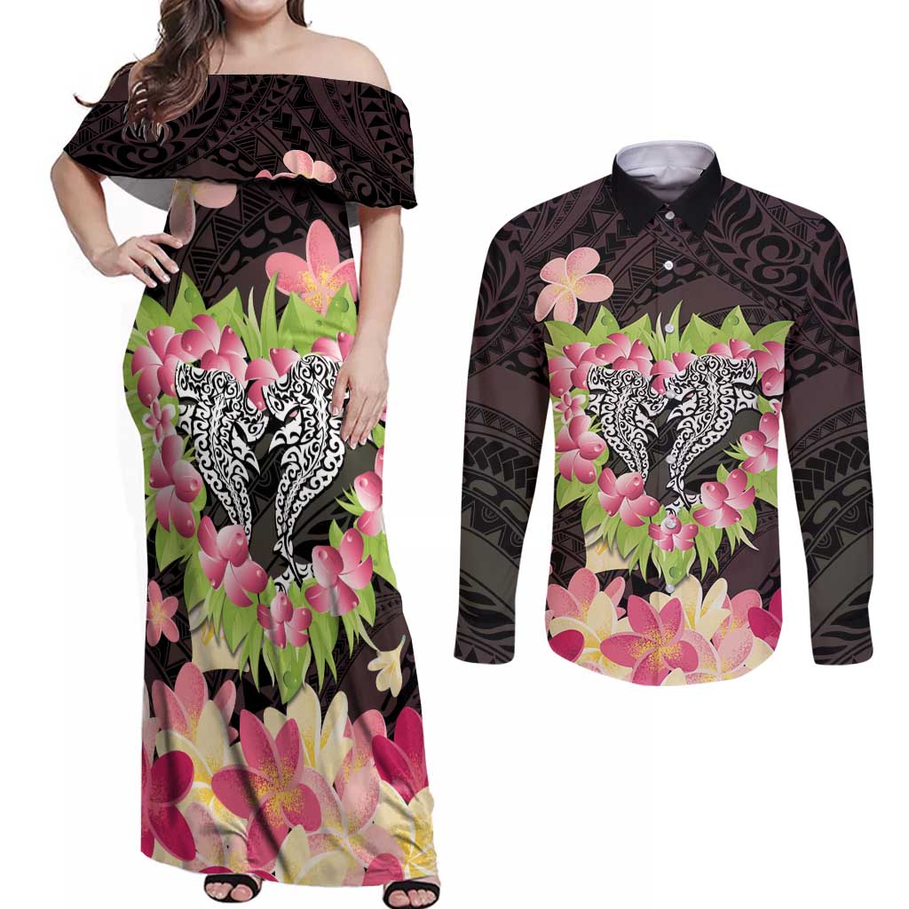 Polynesia Valentine's Day Couples Matching Off Shoulder Maxi Dress and Long Sleeve Button Shirt Hammerhead Shark Plumeria With Polynesian Pattern