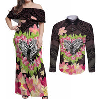 Polynesia Valentine's Day Couples Matching Off Shoulder Maxi Dress and Long Sleeve Button Shirt Hammerhead Shark Plumeria With Polynesian Pattern LT14 Black - Polynesian Pride