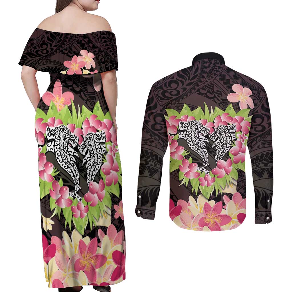 Polynesia Valentine's Day Couples Matching Off Shoulder Maxi Dress and Long Sleeve Button Shirt Hammerhead Shark Plumeria With Polynesian Pattern LT14 - Polynesian Pride