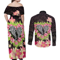 Polynesia Valentine's Day Couples Matching Off Shoulder Maxi Dress and Long Sleeve Button Shirt Hammerhead Shark Plumeria With Polynesian Pattern LT14 - Polynesian Pride