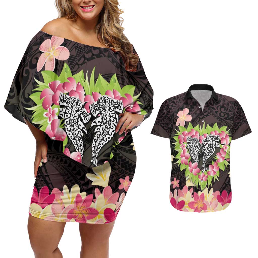 Polynesia Valentine's Day Couples Matching Off Shoulder Short Dress and Hawaiian Shirt Hammerhead Shark Plumeria With Polynesian Pattern LT14 Black - Polynesian Pride
