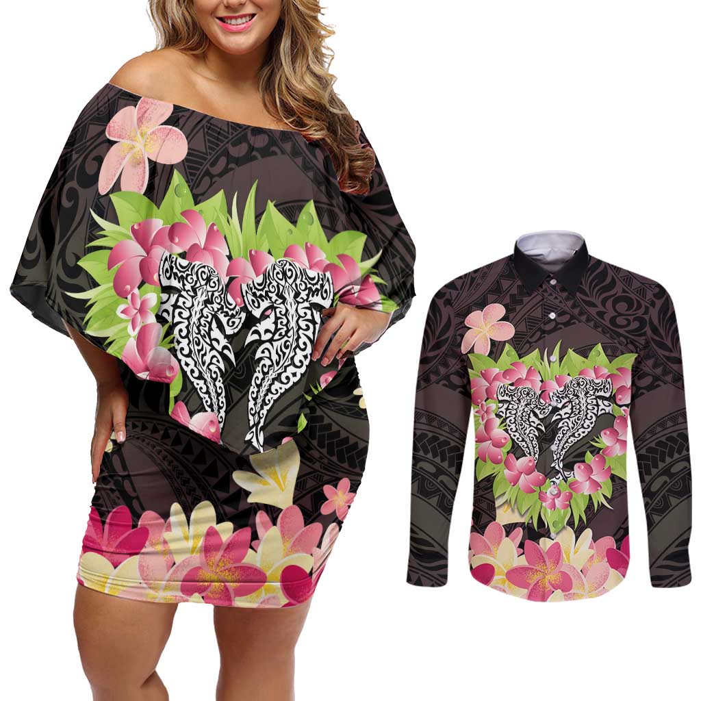 Polynesia Valentine's Day Couples Matching Off Shoulder Short Dress and Long Sleeve Button Shirt Hammerhead Shark Plumeria With Polynesian Pattern