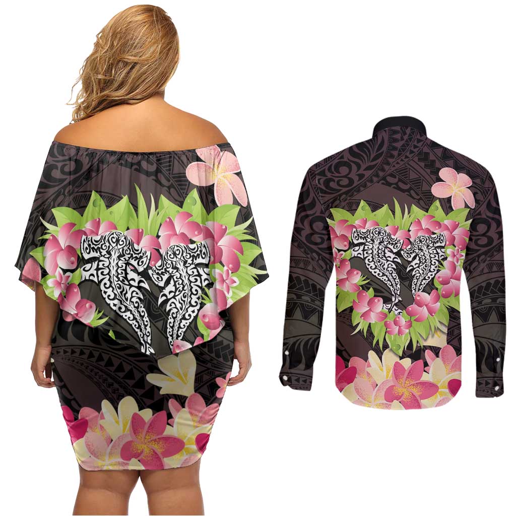 Polynesia Valentine's Day Couples Matching Off Shoulder Short Dress and Long Sleeve Button Shirt Hammerhead Shark Plumeria With Polynesian Pattern LT14 - Polynesian Pride