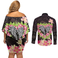 Polynesia Valentine's Day Couples Matching Off Shoulder Short Dress and Long Sleeve Button Shirt Hammerhead Shark Plumeria With Polynesian Pattern LT14 - Polynesian Pride