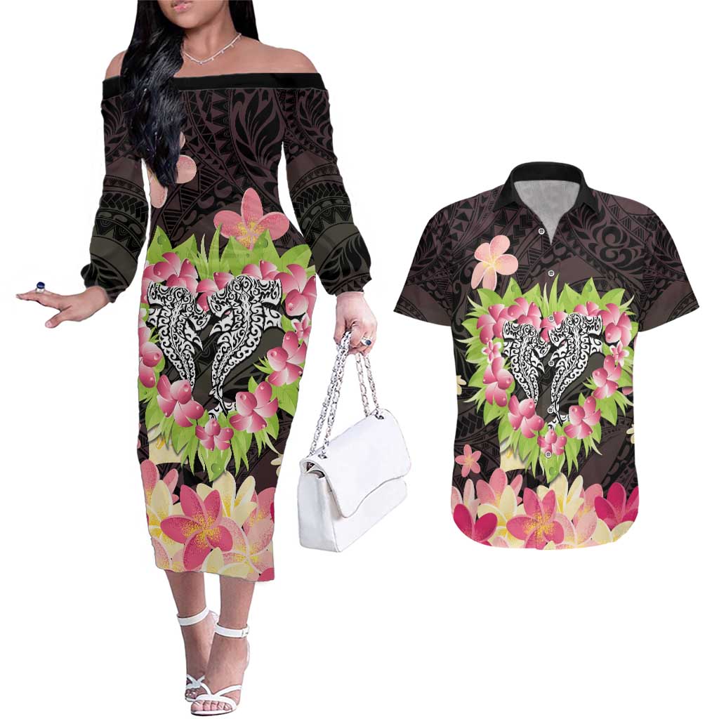 Polynesia Valentine's Day Couples Matching Off The Shoulder Long Sleeve Dress and Hawaiian Shirt Hammerhead Shark Plumeria With Polynesian Pattern LT14 Black - Polynesian Pride