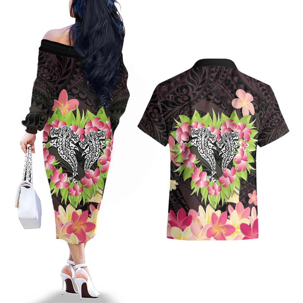Polynesia Valentine's Day Couples Matching Off The Shoulder Long Sleeve Dress and Hawaiian Shirt Hammerhead Shark Plumeria With Polynesian Pattern LT14 - Polynesian Pride