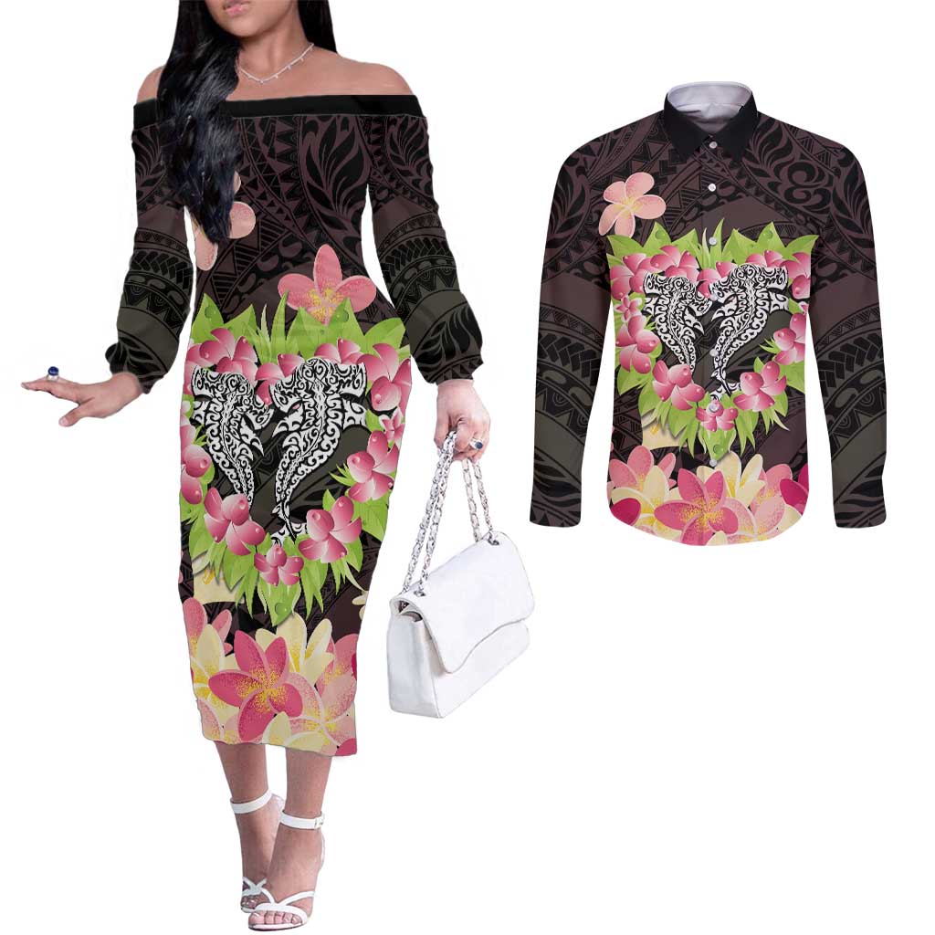 Polynesia Valentine's Day Couples Matching Off The Shoulder Long Sleeve Dress and Long Sleeve Button Shirt Hammerhead Shark Plumeria With Polynesian Pattern