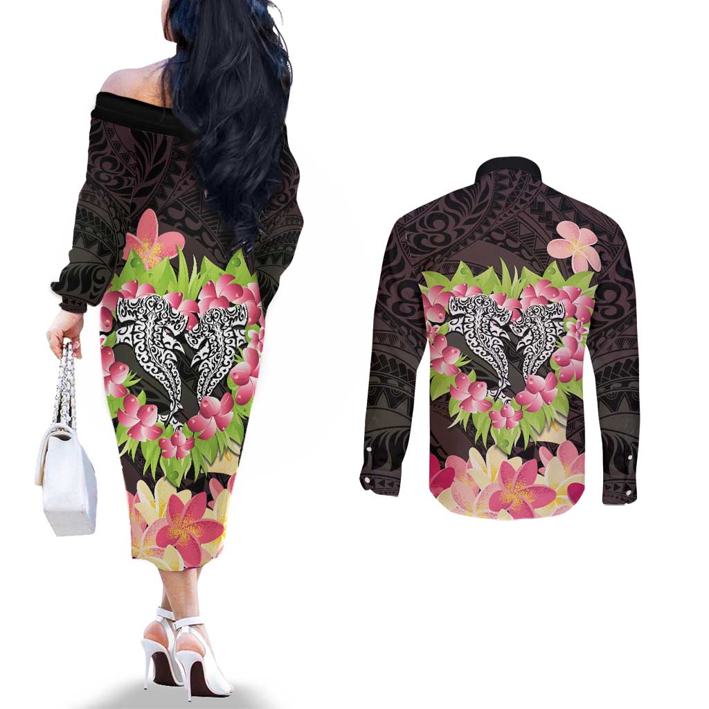 Polynesia Valentine's Day Couples Matching Off The Shoulder Long Sleeve Dress and Long Sleeve Button Shirt Hammerhead Shark Plumeria With Polynesian Pattern LT14 - Polynesian Pride