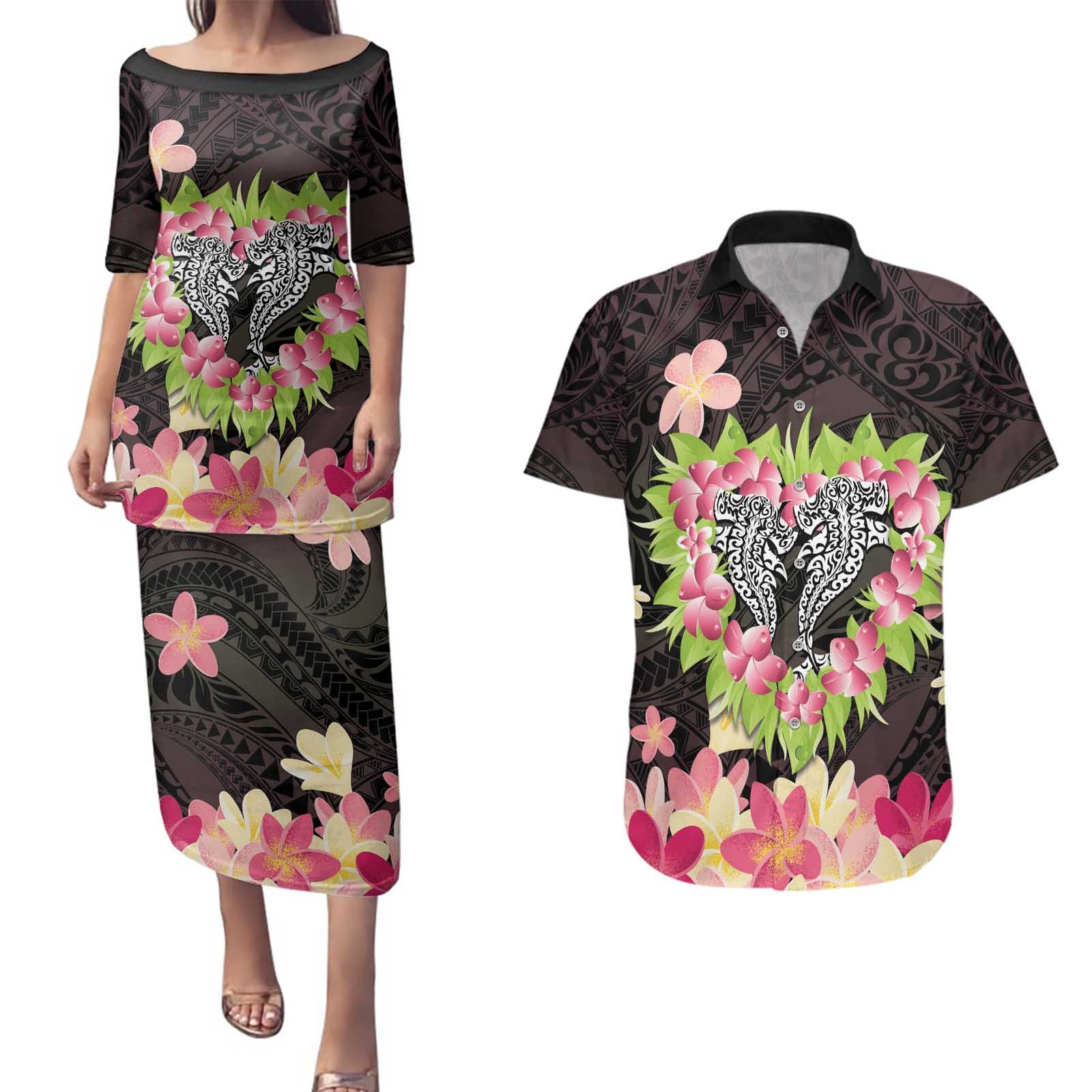 Polynesia Valentine's Day Couples Matching Puletasi and Hawaiian Shirt Hammerhead Shark Plumeria With Polynesian Pattern LT14 Black - Polynesian Pride