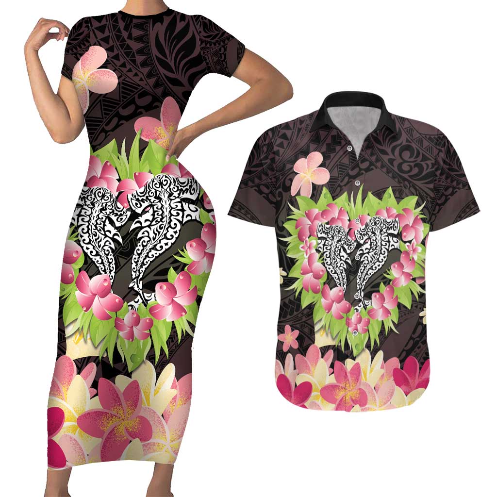 Polynesia Valentine's Day Couples Matching Short Sleeve Bodycon Dress and Hawaiian Shirt Hammerhead Shark Plumeria With Polynesian Pattern