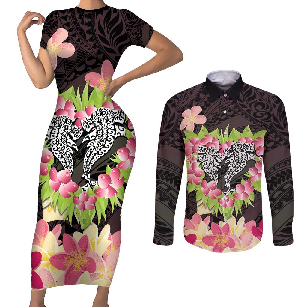 Polynesia Valentine's Day Couples Matching Short Sleeve Bodycon Dress and Long Sleeve Button Shirt Hammerhead Shark Plumeria With Polynesian Pattern