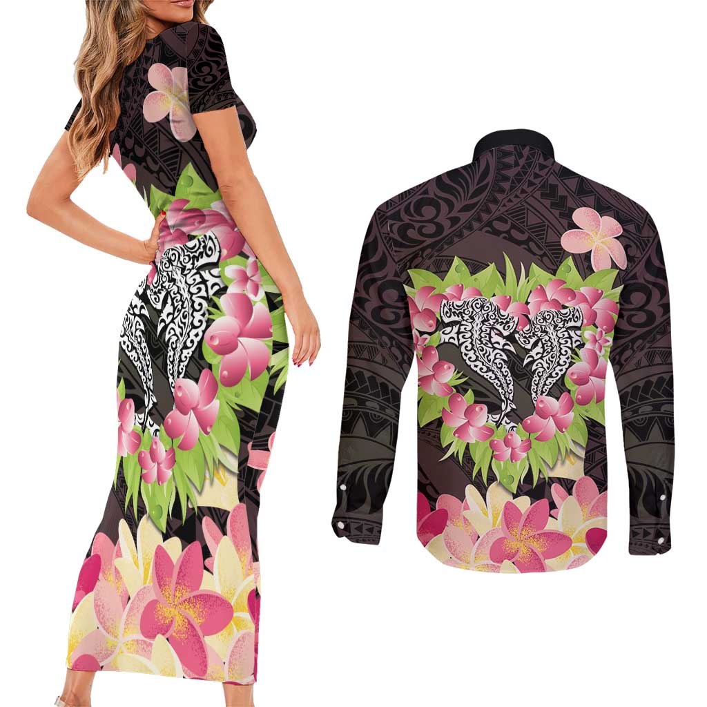 Polynesia Valentine's Day Couples Matching Short Sleeve Bodycon Dress and Long Sleeve Button Shirt Hammerhead Shark Plumeria With Polynesian Pattern LT14 - Polynesian Pride