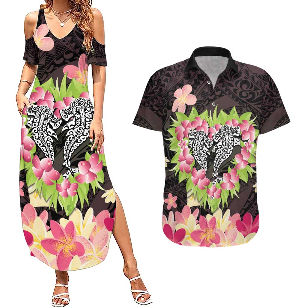 Polynesia Valentine's Day Couples Matching Summer Maxi Dress and Hawaiian Shirt Hammerhead Shark Plumeria With Polynesian Pattern LT14 Black - Polynesian Pride