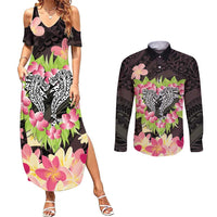 Polynesia Valentine's Day Couples Matching Summer Maxi Dress and Long Sleeve Button Shirt Hammerhead Shark Plumeria With Polynesian Pattern LT14 Black - Polynesian Pride