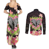 Polynesia Valentine's Day Couples Matching Summer Maxi Dress and Long Sleeve Button Shirt Hammerhead Shark Plumeria With Polynesian Pattern LT14 - Polynesian Pride