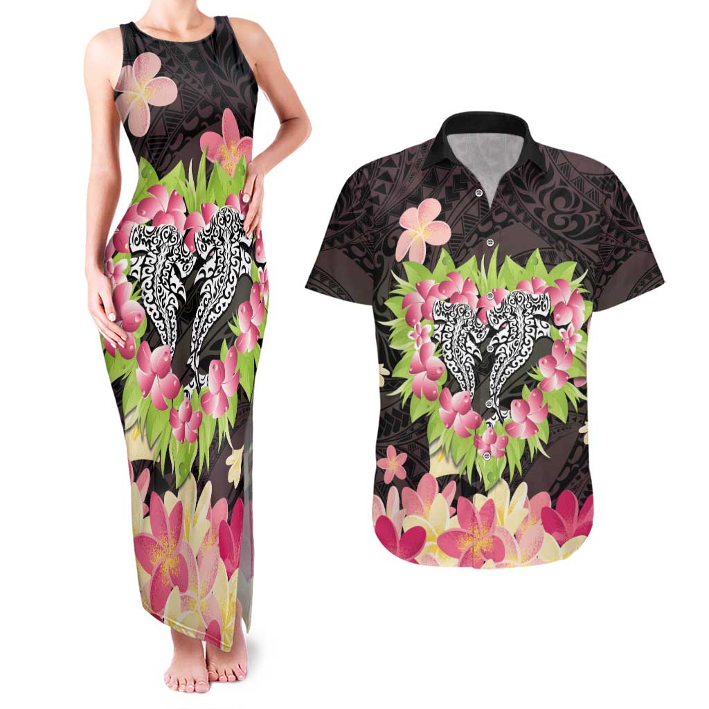 Polynesia Valentine's Day Couples Matching Tank Maxi Dress and Hawaiian Shirt Hammerhead Shark Plumeria With Polynesian Pattern