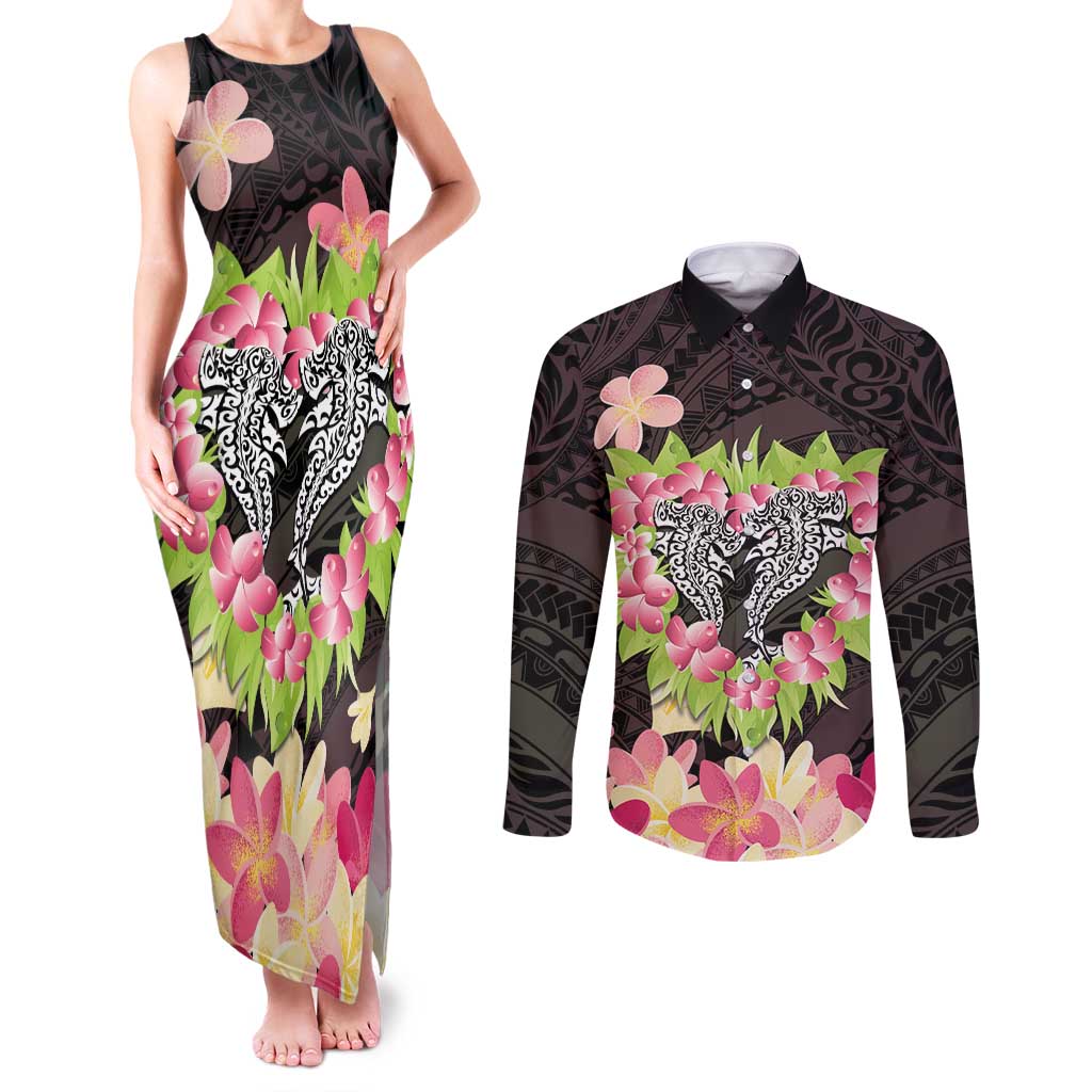 Polynesia Valentine's Day Couples Matching Tank Maxi Dress and Long Sleeve Button Shirt Hammerhead Shark Plumeria With Polynesian Pattern LT14 Black - Polynesian Pride