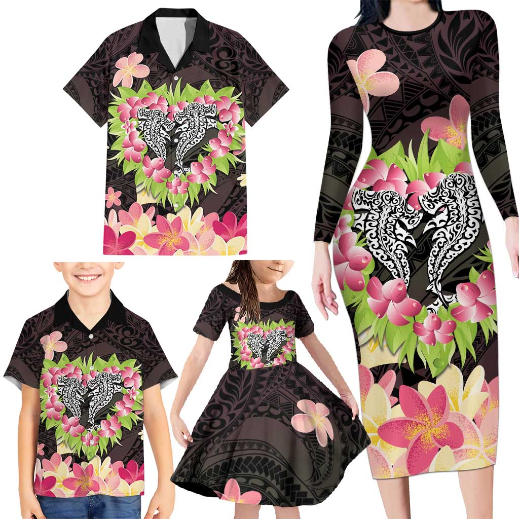 Polynesia Valentine's Day Family Matching Long Sleeve Bodycon Dress and Hawaiian Shirt Hammerhead Shark Plumeria With Polynesian Pattern