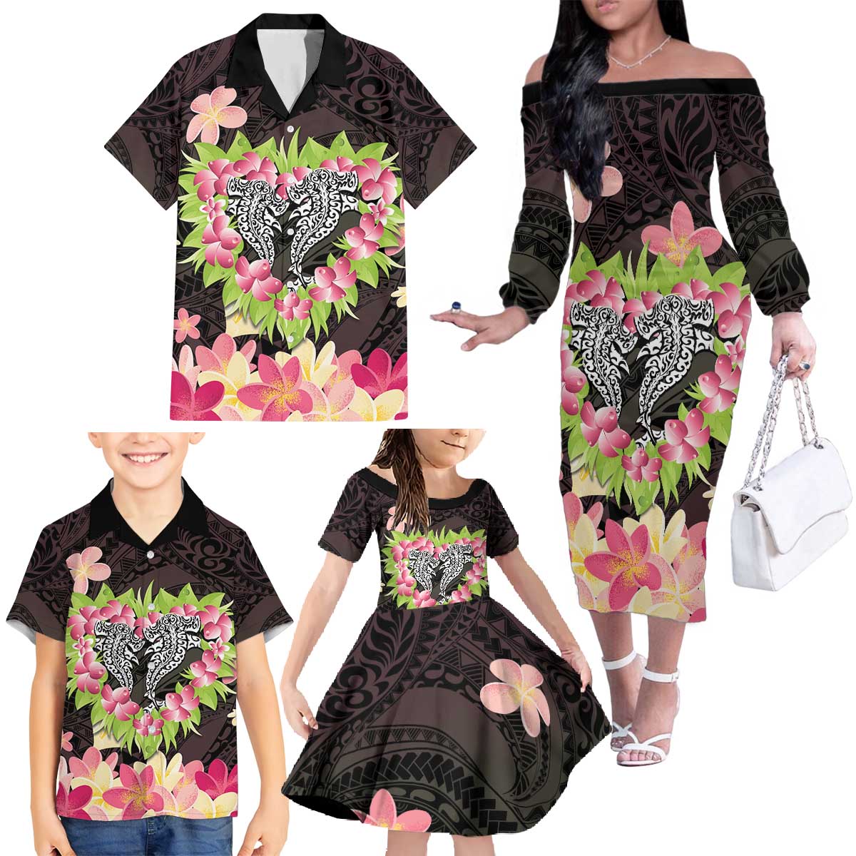 Polynesia Valentine's Day Family Matching Off The Shoulder Long Sleeve Dress and Hawaiian Shirt Hammerhead Shark Plumeria With Polynesian Pattern