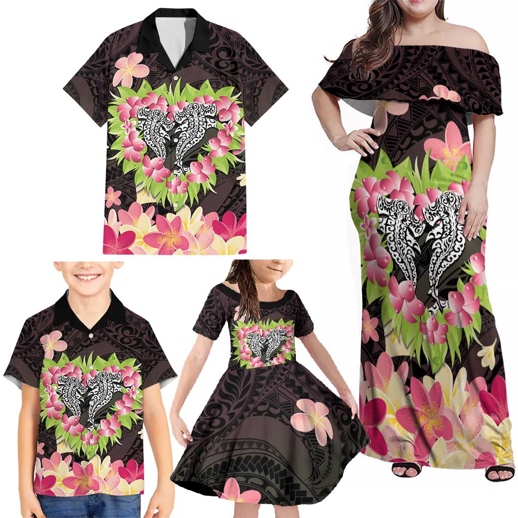 Polynesia Valentine's Day Family Matching Off Shoulder Maxi Dress and Hawaiian Shirt Hammerhead Shark Plumeria With Polynesian Pattern