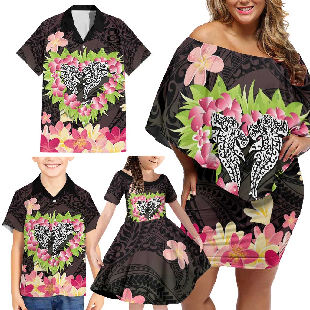 Polynesia Valentine's Day Family Matching Off Shoulder Short Dress and Hawaiian Shirt Hammerhead Shark Plumeria With Polynesian Pattern