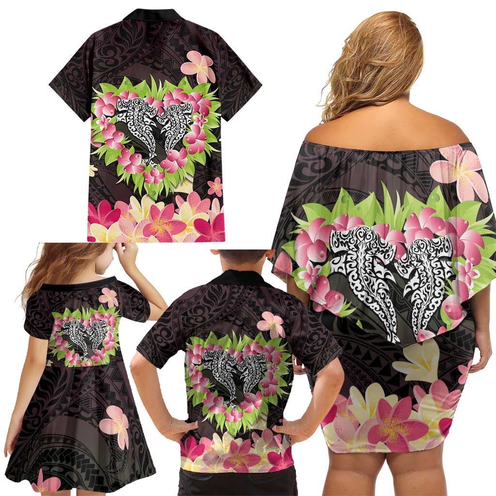 Polynesia Valentine's Day Family Matching Off Shoulder Short Dress and Hawaiian Shirt Hammerhead Shark Plumeria With Polynesian Pattern