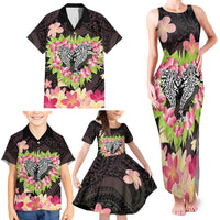 Polynesia Valentine's Day Family Matching Tank Maxi Dress and Hawaiian Shirt Hammerhead Shark Plumeria With Polynesian Pattern