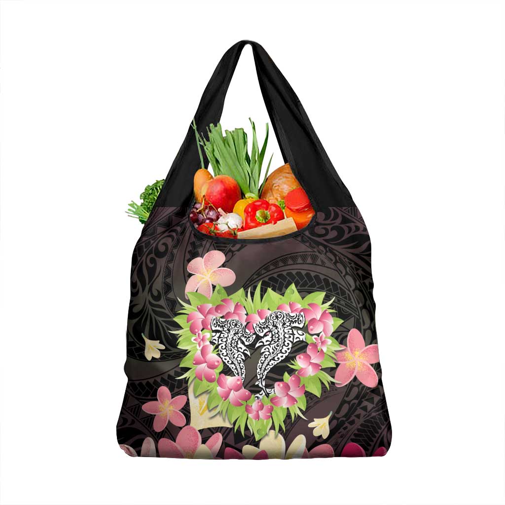 Polynesia Valentine's Day Grocery Bag Hammerhead Shark Plumeria With Polynesian Pattern LT14 1-pack One Size Black - Polynesian Pride