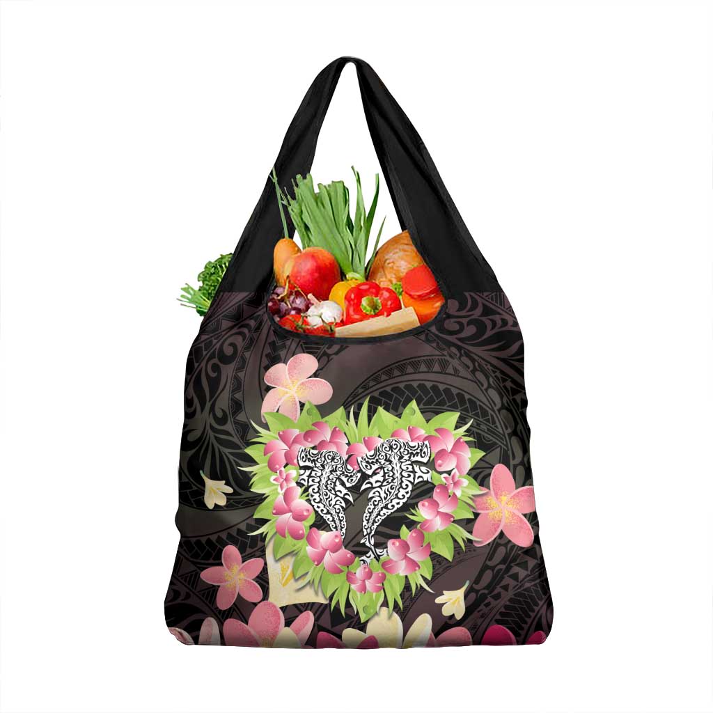 Polynesia Valentine's Day Grocery Bag Hammerhead Shark Plumeria With Polynesian Pattern