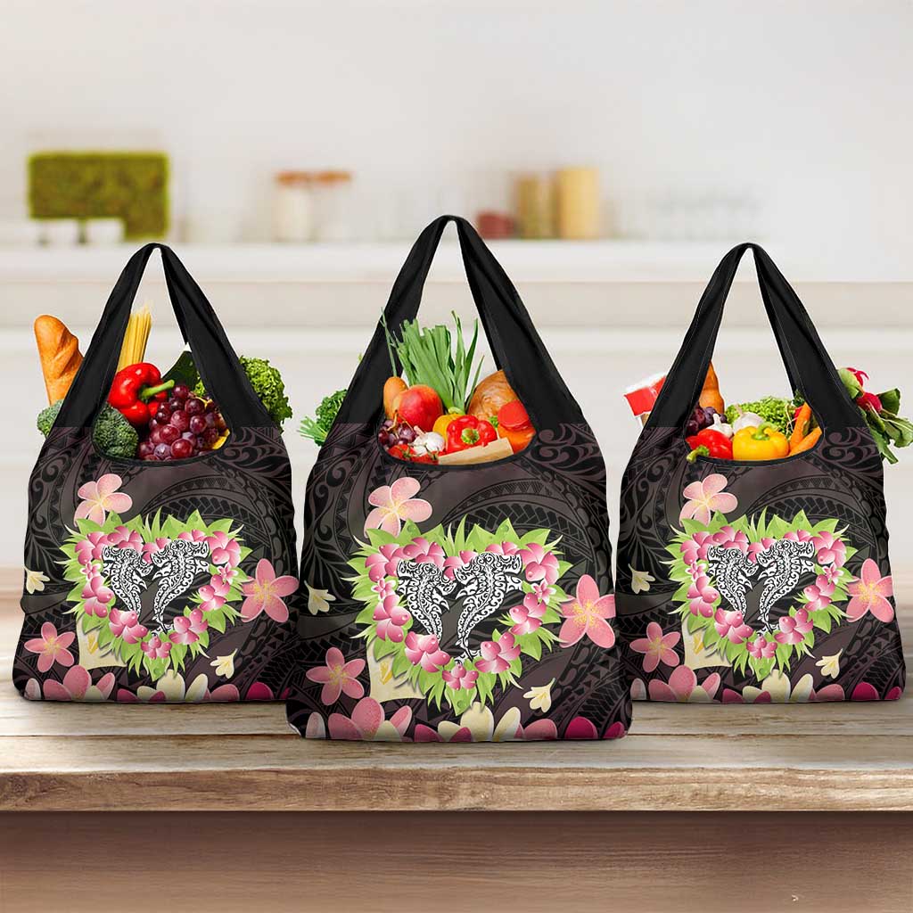 Polynesia Valentine's Day Grocery Bag Hammerhead Shark Plumeria With Polynesian Pattern LT14 3-pack One Size Black - Polynesian Pride