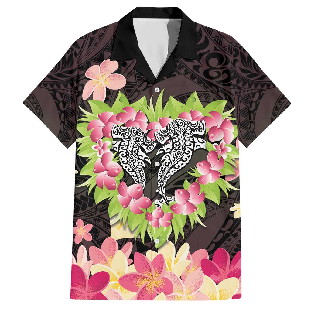 Polynesia Valentine's Day Hawaiian Shirt Hammerhead Shark Plumeria With Polynesian Pattern