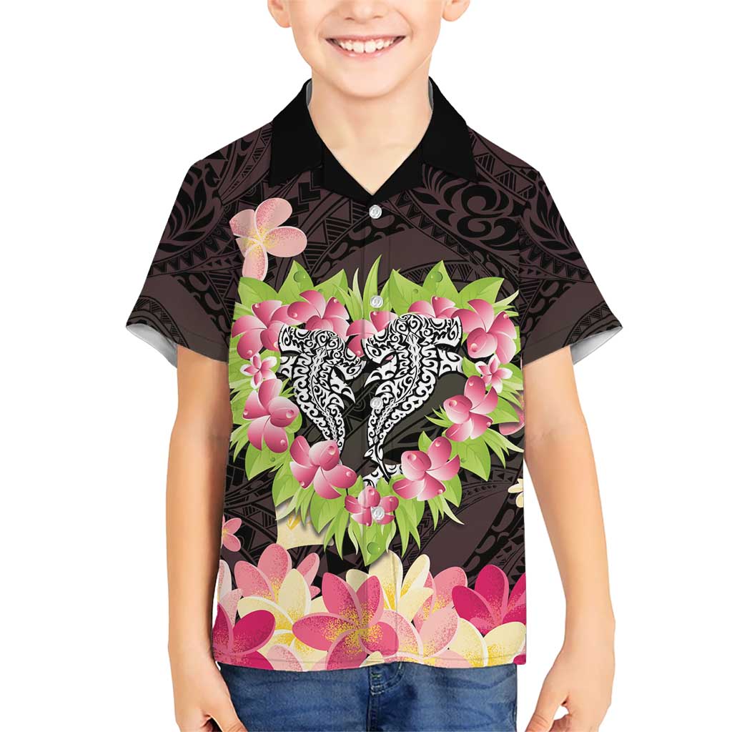 Polynesia Valentine's Day Kid Hawaiian Shirt Hammerhead Shark Plumeria With Polynesian Pattern LT14 Kid Black - Polynesian Pride