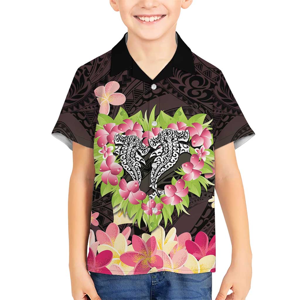 Polynesia Valentine's Day Kid Hawaiian Shirt Hammerhead Shark Plumeria With Polynesian Pattern