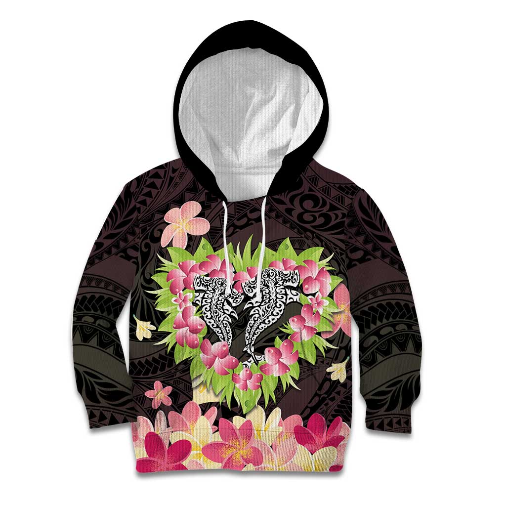 Polynesia Valentine's Day Kid Hoodie Hammerhead Shark Plumeria With Polynesian Pattern