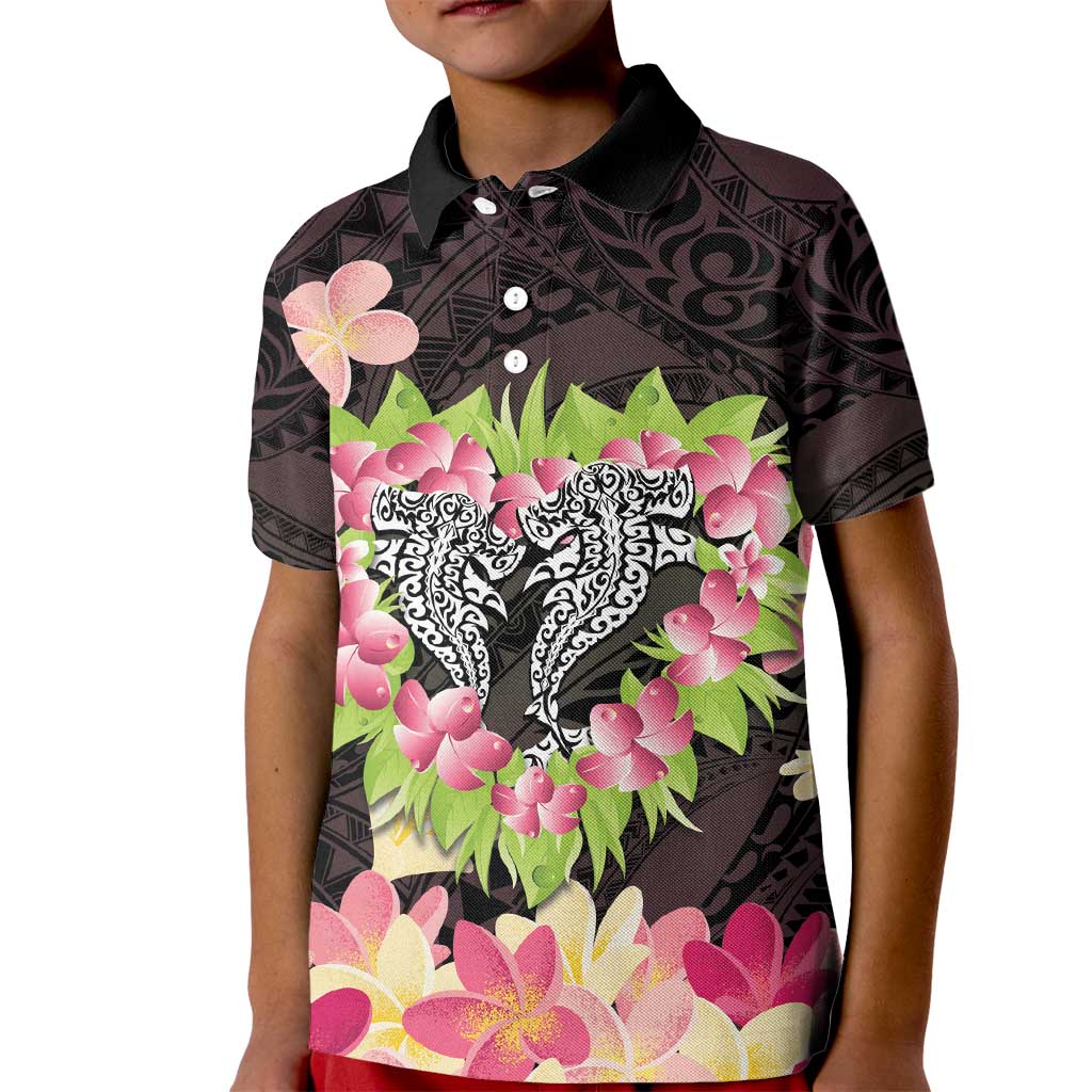 Polynesia Valentine's Day Kid Polo Shirt Hammerhead Shark Plumeria With Polynesian Pattern