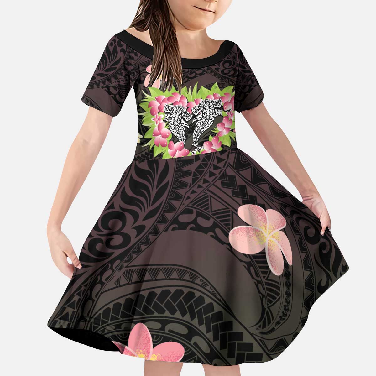 Polynesia Valentine's Day Kid Short Sleeve Dress Hammerhead Shark Plumeria With Polynesian Pattern LT14 KID Black - Polynesian Pride