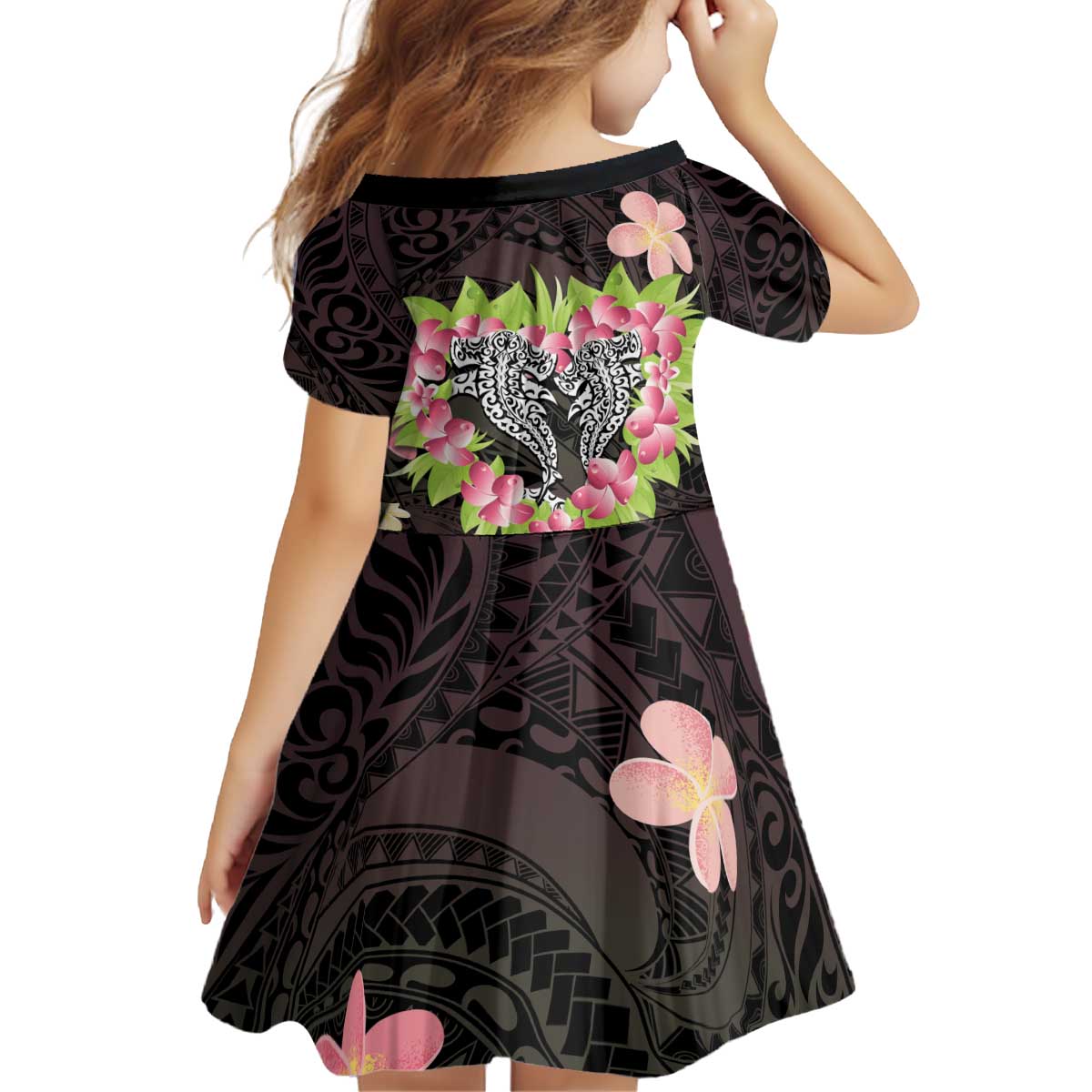 Polynesia Valentine's Day Kid Short Sleeve Dress Hammerhead Shark Plumeria With Polynesian Pattern LT14 - Polynesian Pride