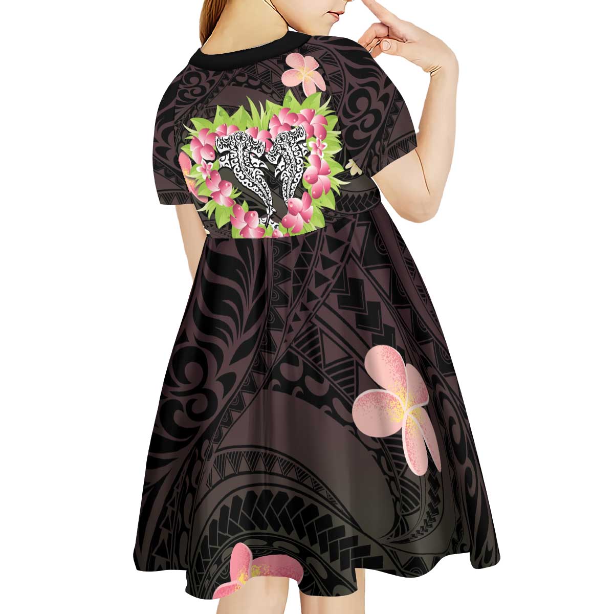 Polynesia Valentine's Day Kid Short Sleeve Dress Hammerhead Shark Plumeria With Polynesian Pattern LT14 - Polynesian Pride